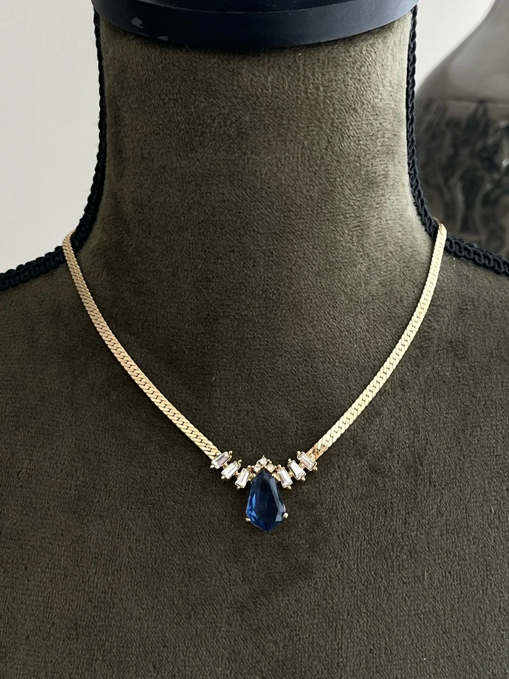 Authentic Vintage Dior Teardrop Blue Glass Stone Gold Herringbone Chain Necklace